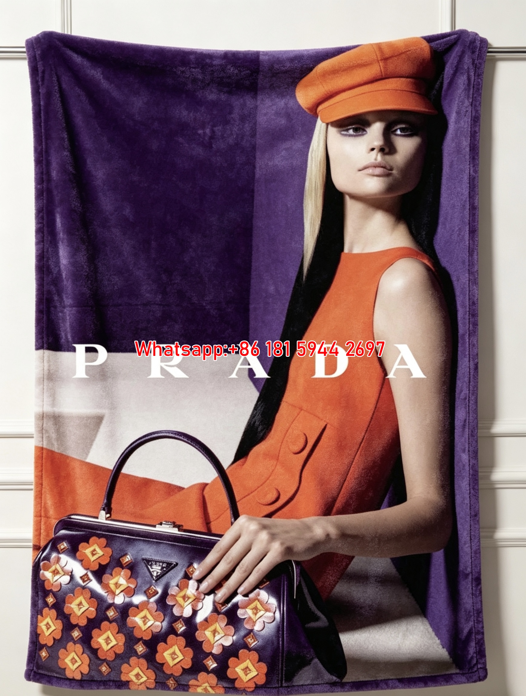 Prada Orange Dress Purple Background Print Flannel Throw Blanket IMG_2815